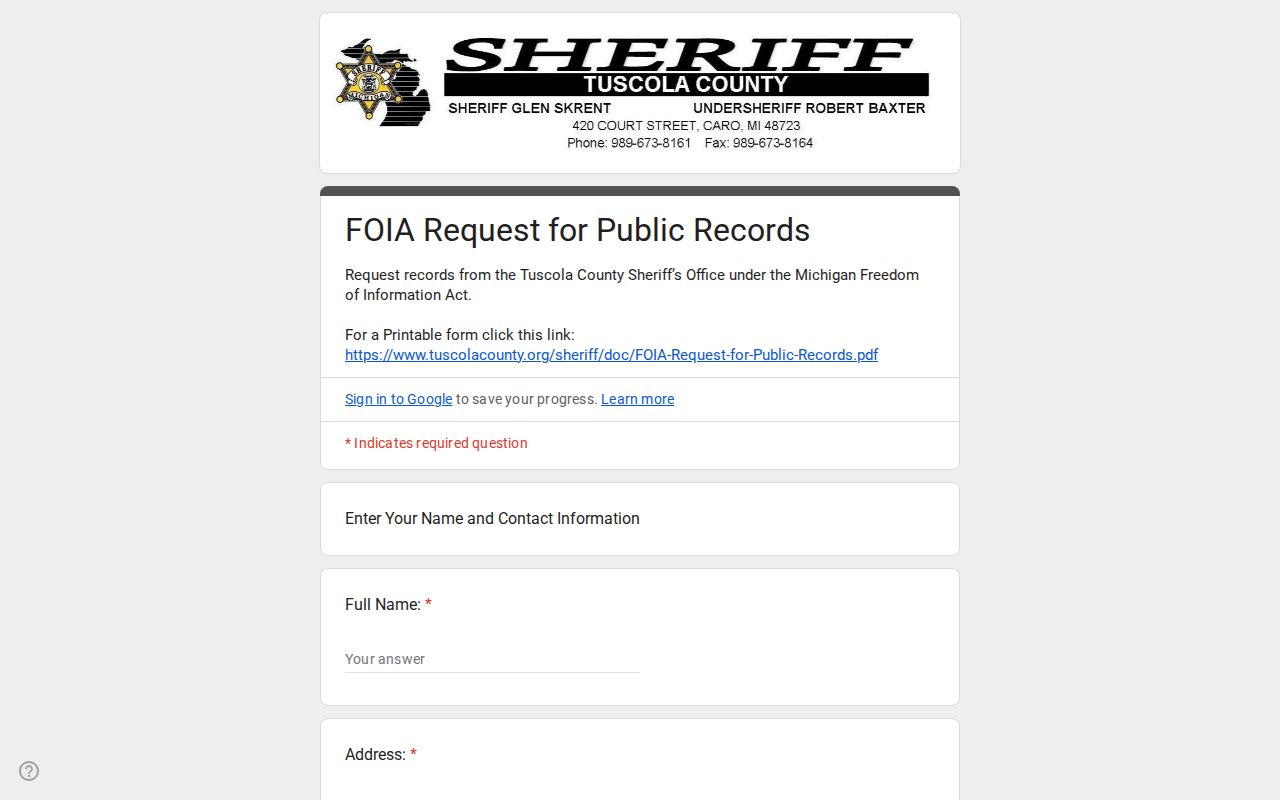 Tuscola County Sheriff online public records request form used for Tuscola County warrant records