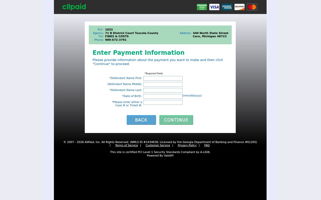 71B District Court payment and case lookup page for Tuscola County warrant case records