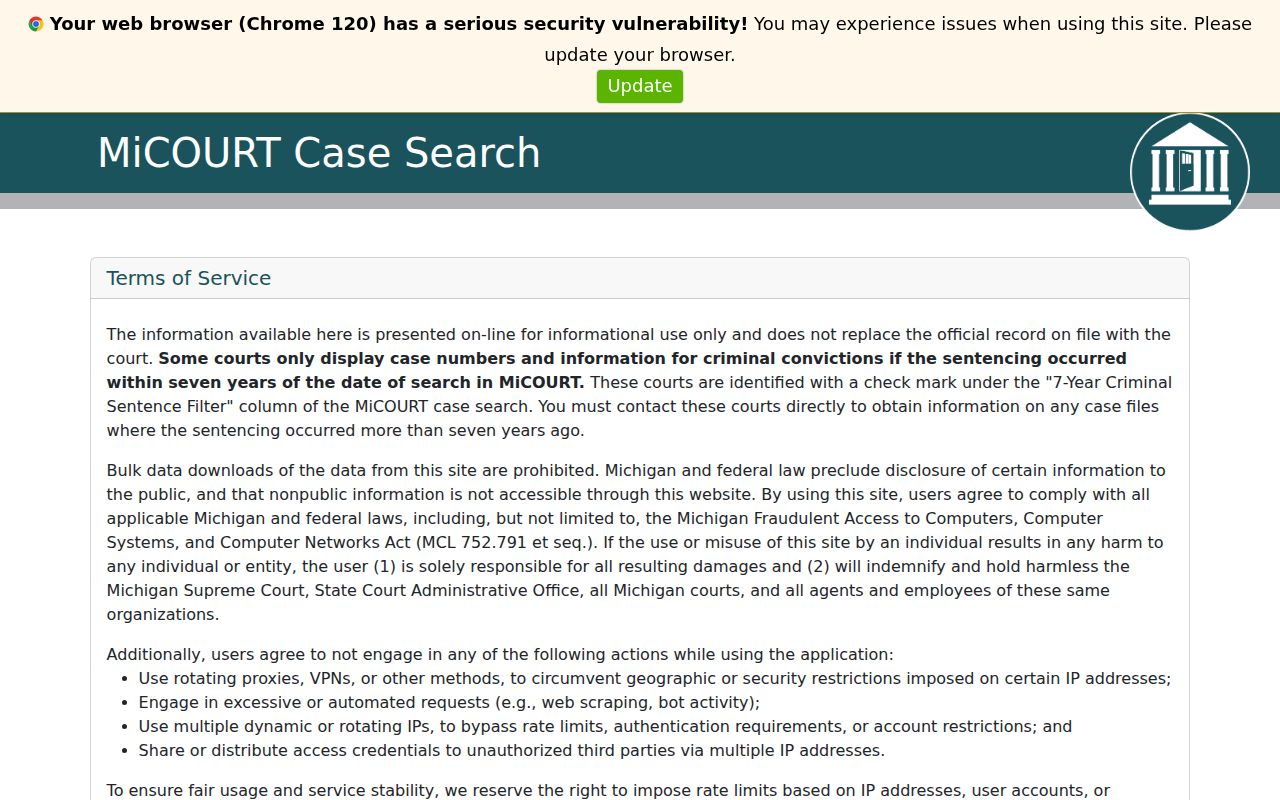 Michigan statewide public case search interface used to locate Tuscola County warrant case files