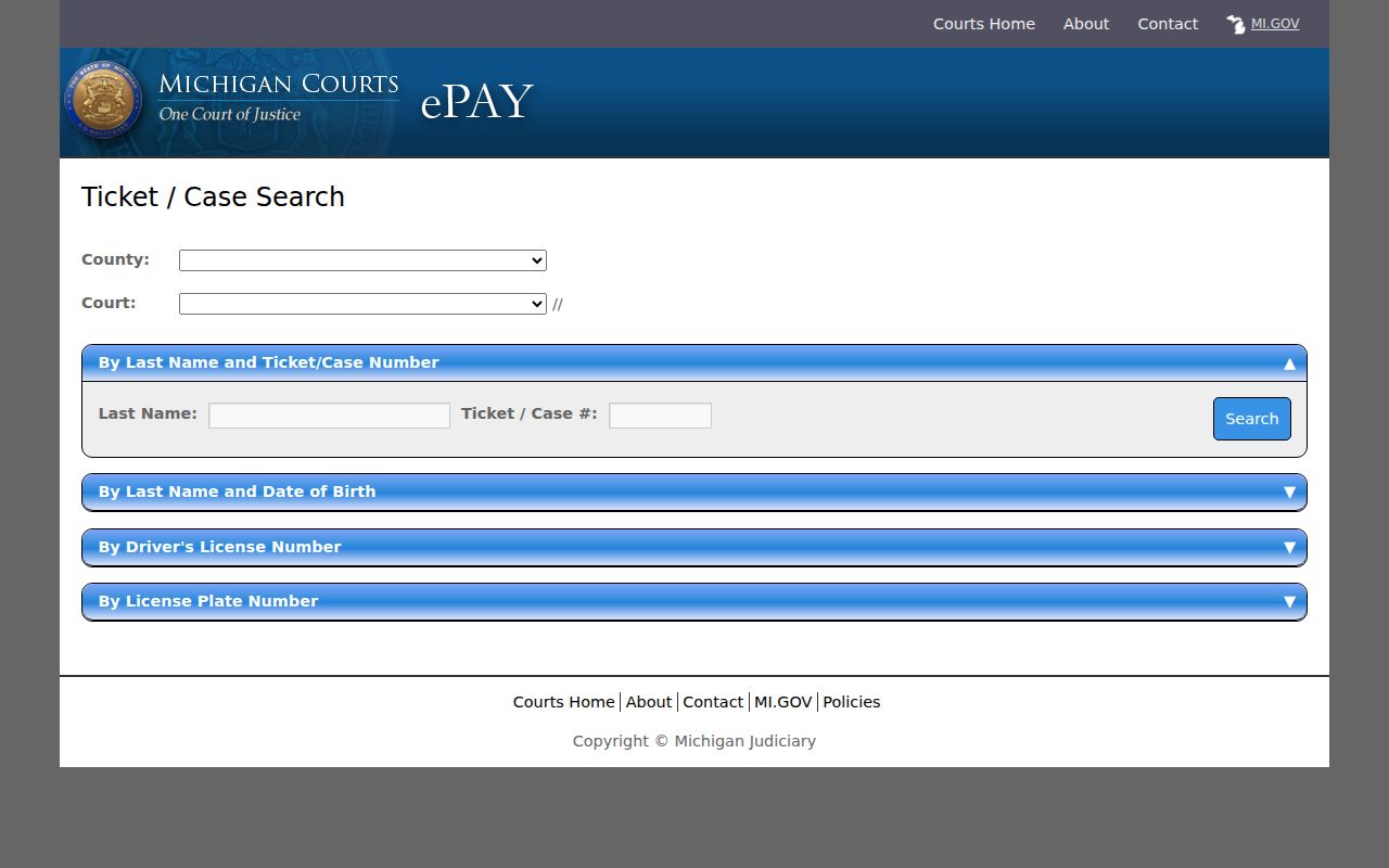 Michigan ePAY ticket search page used for Tuscola County traffic warrant citation lookups