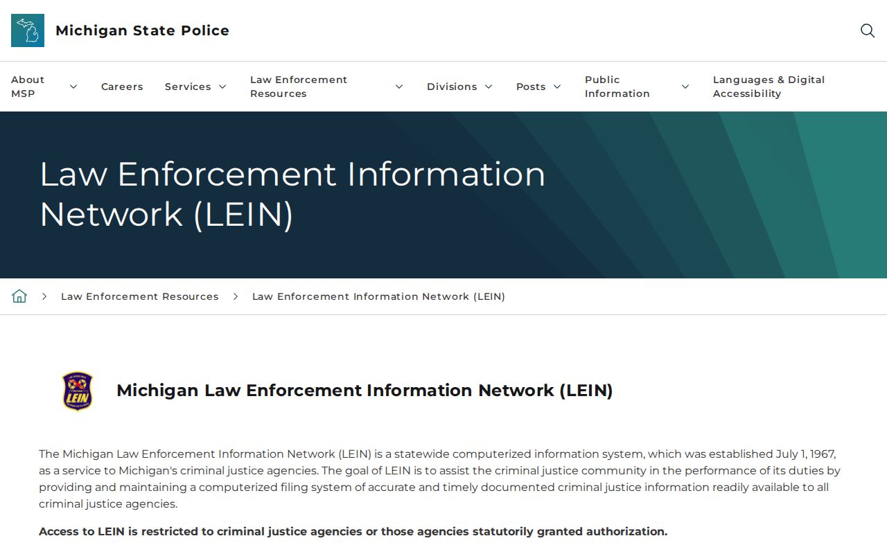LEIN restricted access description page explaining why Tuscola County arrest warrants are not publicly searchable
