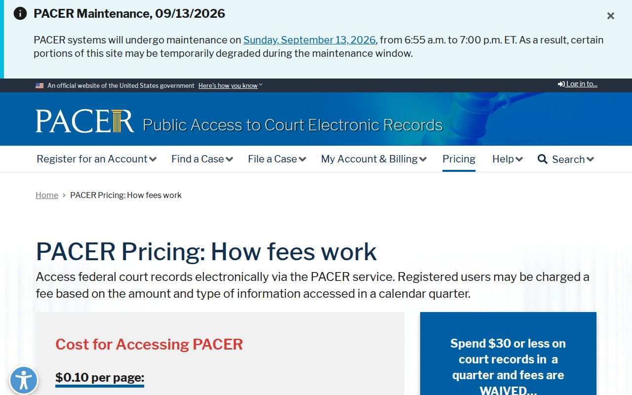 Federal PACER pricing page explaining federal case record access and Tuscola County arrest warrant limits
