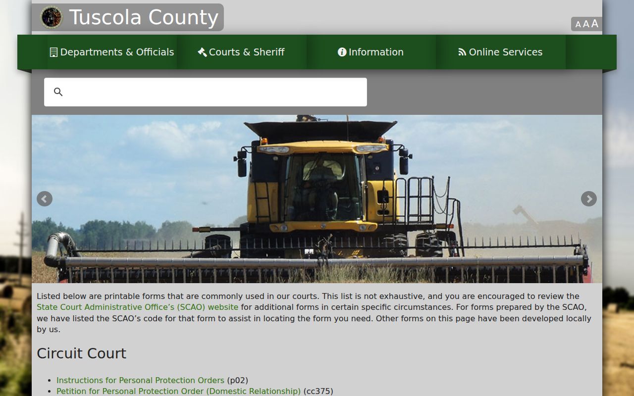 Tuscola County court forms index listing the MC 229 form used for Tuscola County bench warrants