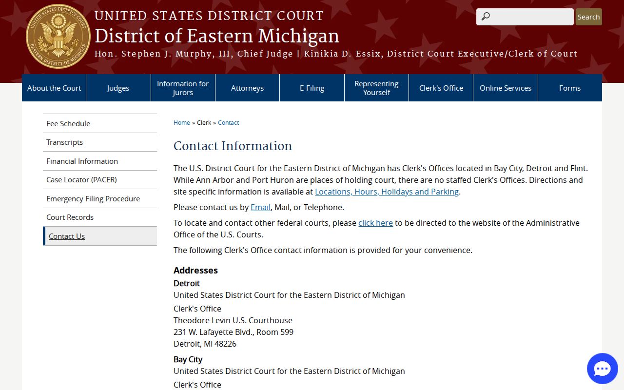 Bay City federal divisional clerk contact page for federal cases outside Tuscola County arrest warrants