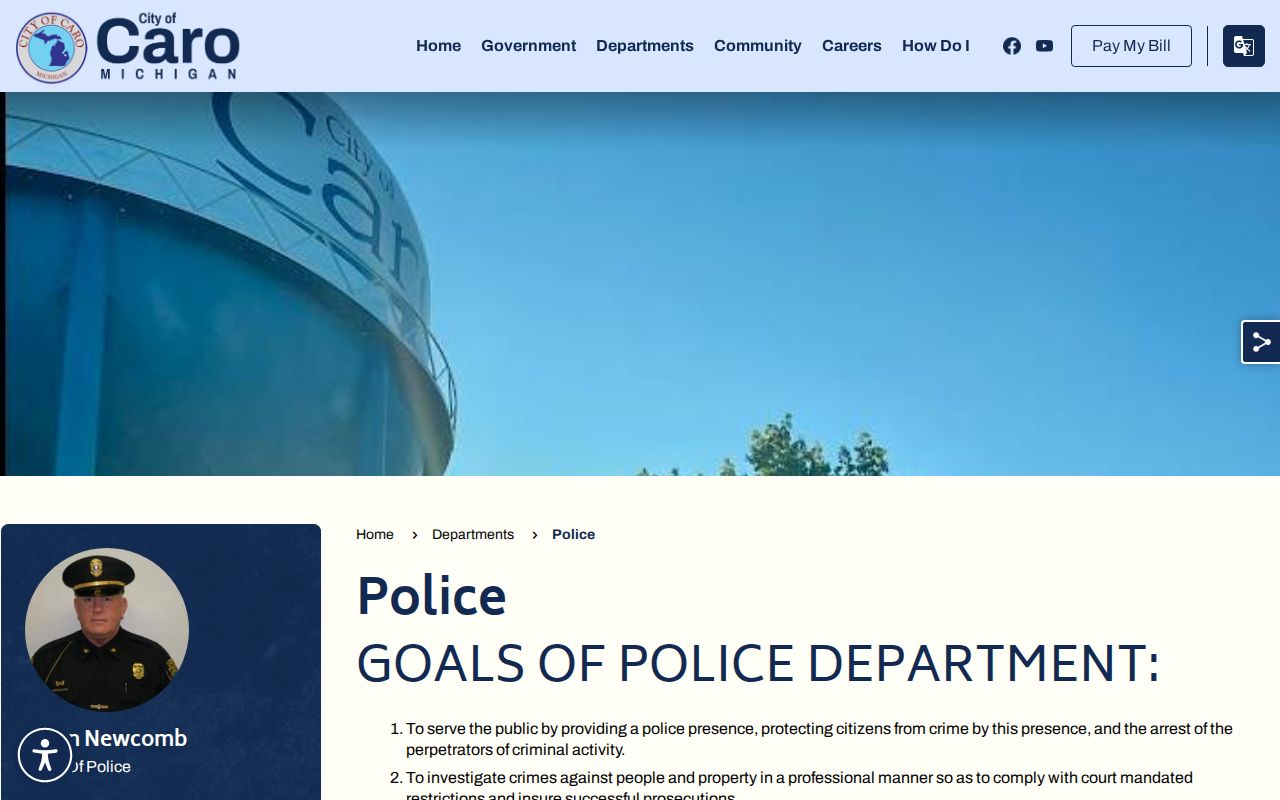 Caro Police Department page showing Tuscola County city police contact information
