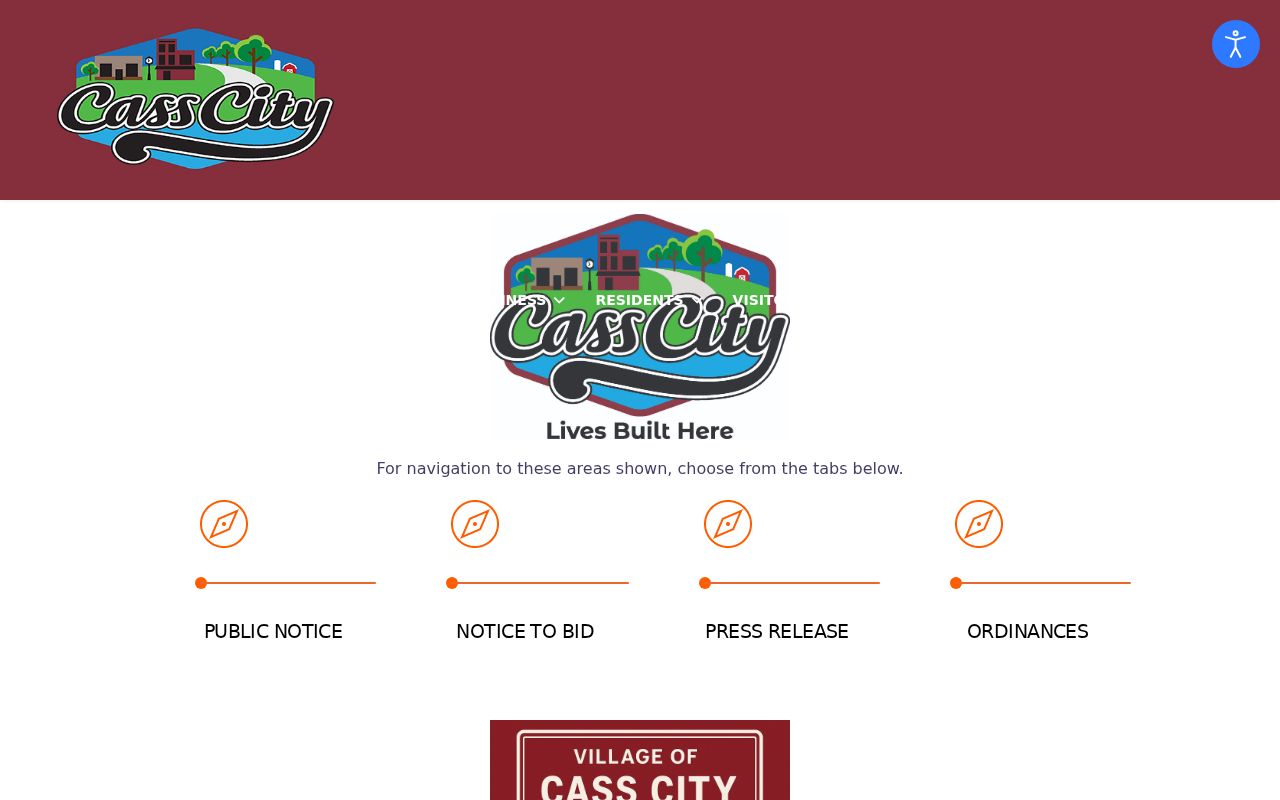 Cass City municipal building public notice page, one of the village offices that routes Tuscola County municipal warrant questions to the district court
