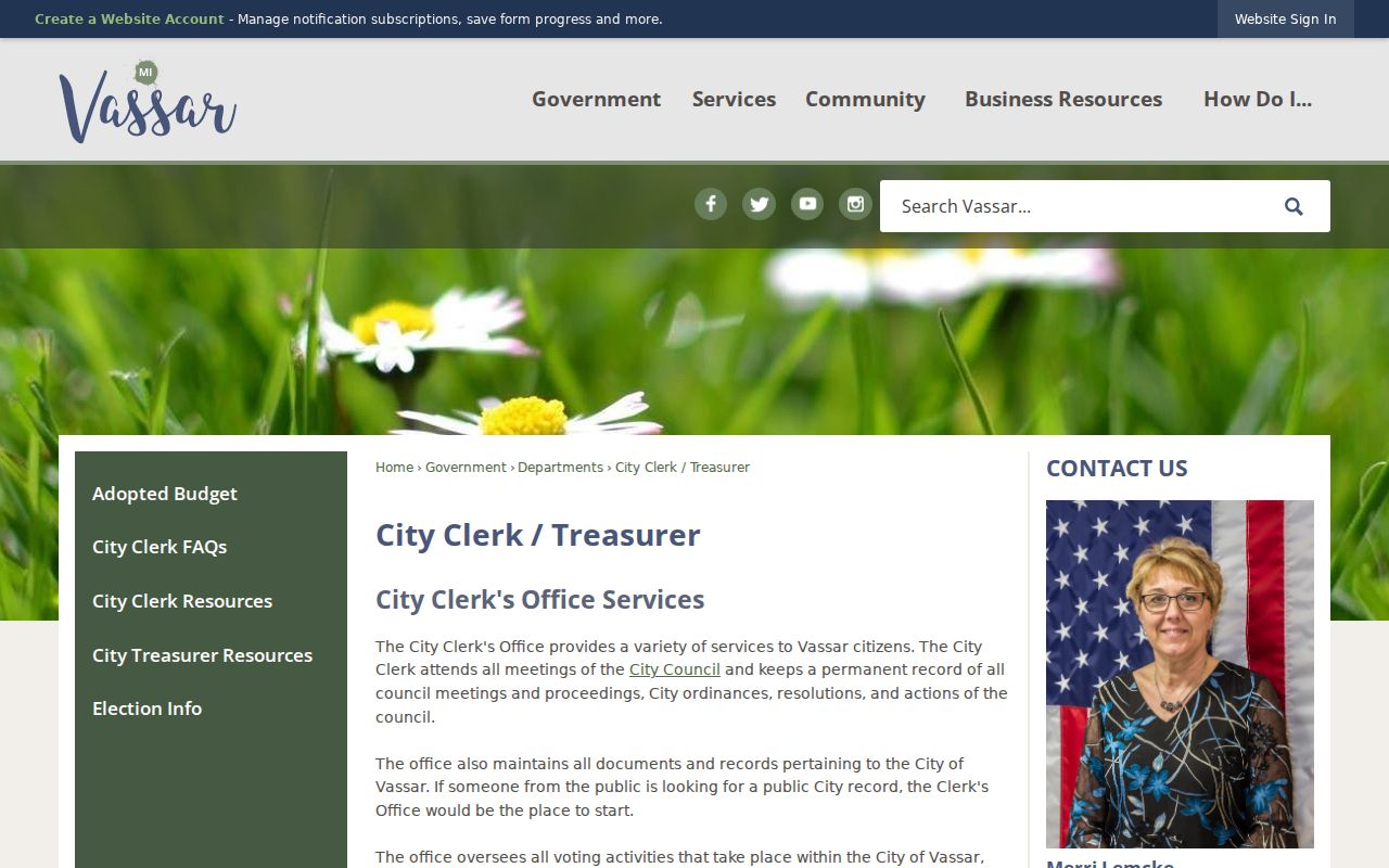 Vassar City Hall clerk and treasurer page for municipal record requests in Tuscola County