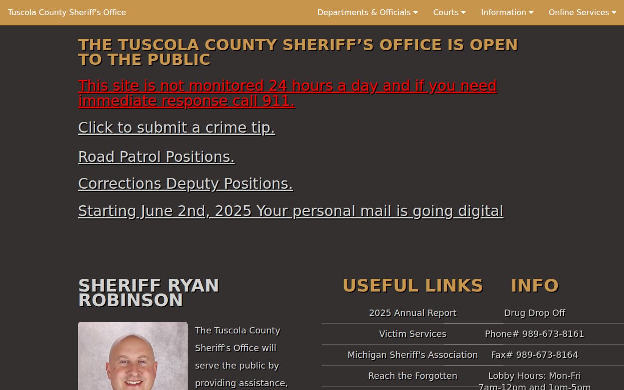 Tuscola County Sheriff's Office page, the office that serves Tuscola County warrants