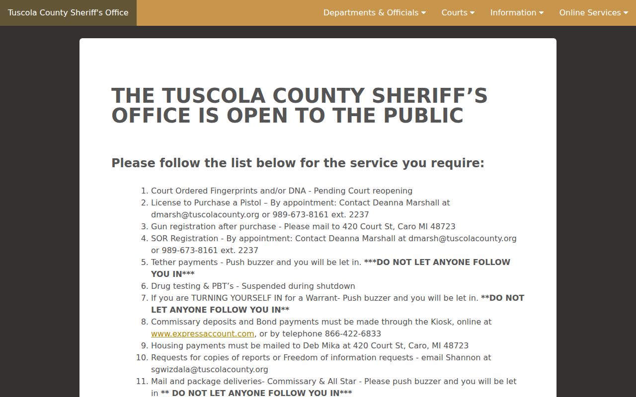 Tuscola County Sheriff's Office public instructions page covering walk-in surrender for Tuscola County warrants